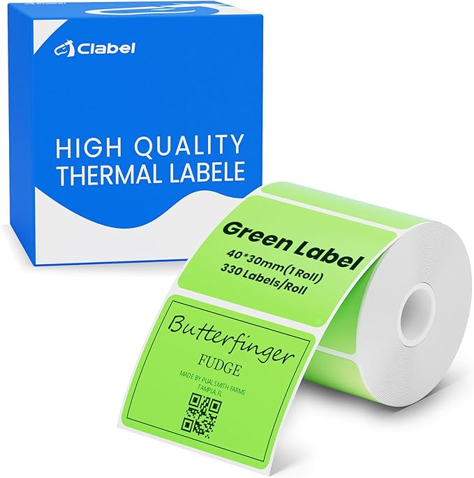 CLABEL Thermal Label 1.57'' x 1.18'' (40x30mm) Self-Adhesive Stickers for 220B/221B/230B Label Maker 330 Labels/Roll Black Text on Green Paper in Stronger Waterproof Tear-Resistant for Business Home