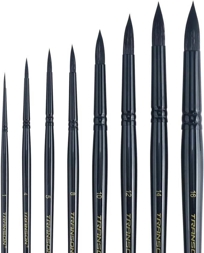 Transon 8pcs Round Watercolor Paint Brush Set Goat Hair for Watercolors,Acrylics,Inks,Gouache,Oil and Tempera Black Color