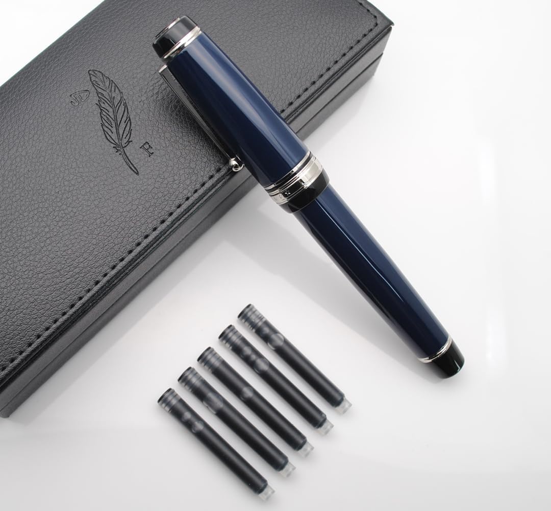 Metal Big Fountain Pen Set Medium Nib 0.7mm, Includes Ink Refill Converter, 5 Ink Cartridges & Gift Box (Medium Nib 0.7mm, Dark Blue with Silvery Clip)