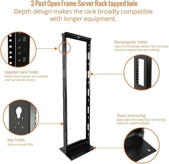 2-Post 38U Open Frame Server Rack for 19inch AV/Data/IT Network Equipment,with Tapped Hole