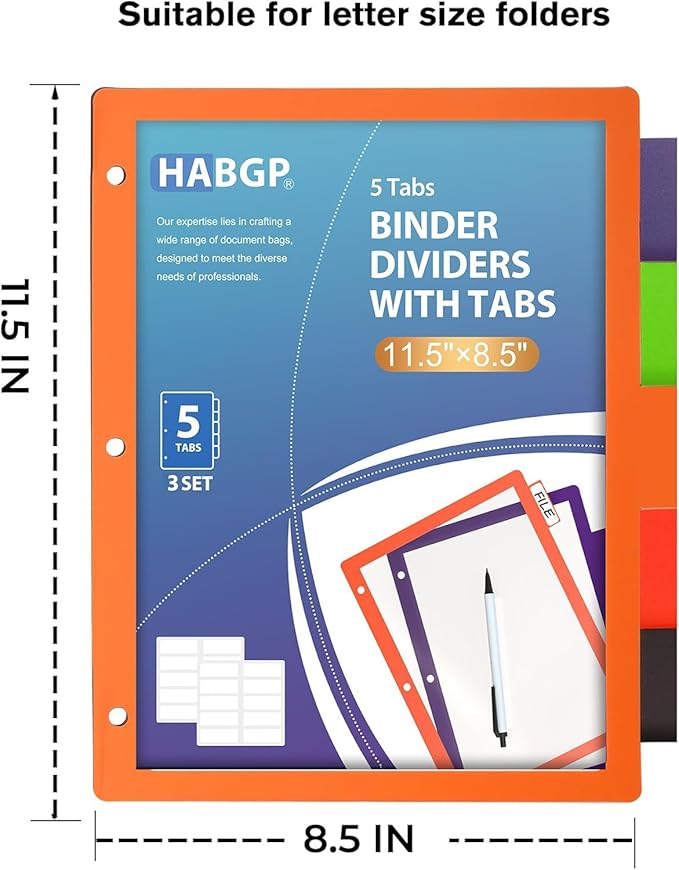 HABGP 15PCS/3 Set 3 Ring Binder Dividers with Tabs, Color Page Dividers for 3 Ring Binder with Tabs, 5 Tab Dividers, Clear Folder Dividers, Three Ring File Dividers with Tabs, Tabbed Index Dividers