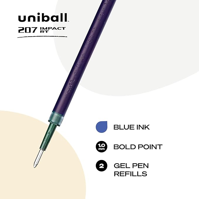 uniball Refill For Gel 207 Impact Rt Roller Ball Pens, Bold Conical Tip, Blue Ink, 2/pack