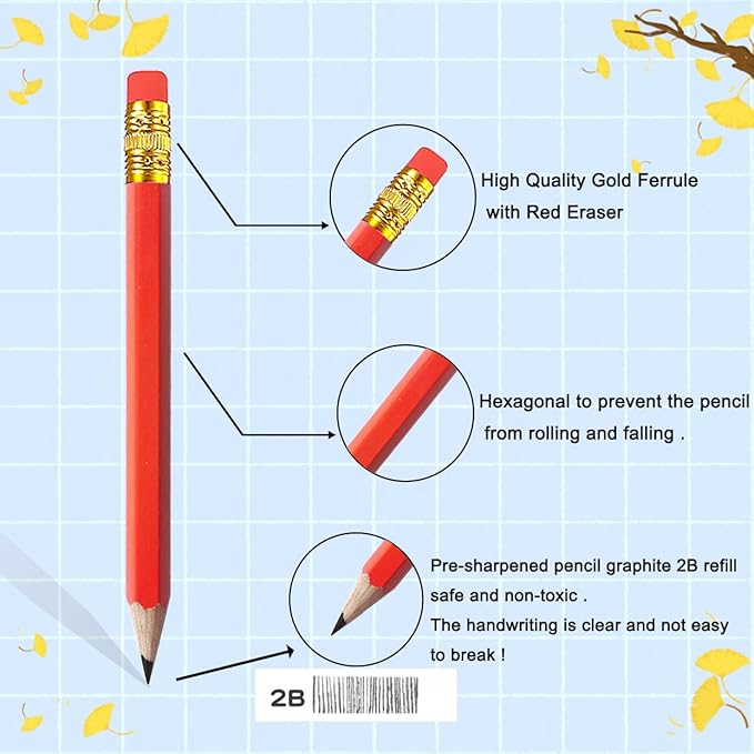 Adhere 25pcs Golf Pencils with eraser Hexagon Wooden Pencils Graphite 2B for Golf Event Scoring,Classroom,Wedding,Company Meetings,Pew, Pocket (Red)