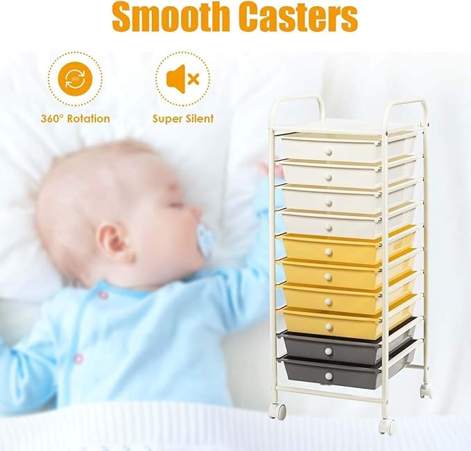 Storage Cart, Rolling Utility Cart with 10 Drawers, Portable Handles & Lockable Wheels, Mobile Paper Toys Storage Organizer Large Capacity for Home Office School Teacher (Yellow)