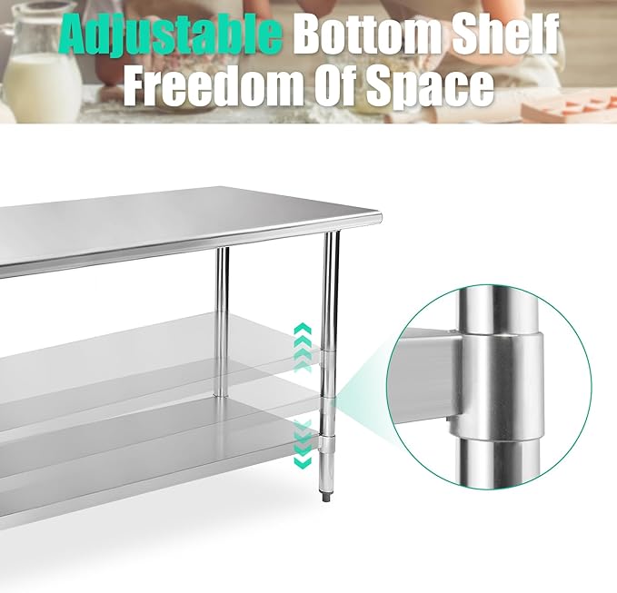 STABLEINK NSF Stainless Steel Table, 30 x 60 Inches Metal Prep & Work Table with Adjustable Undershelf, for Commercial Kitchen, Restaurant, Hotel and Garage