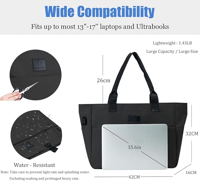 Tote Bag for Women Large Work Bags Laptop 15.6-17 Inch Handbag Purse Book Bag with Zipper for Nurse Teacher School,Black