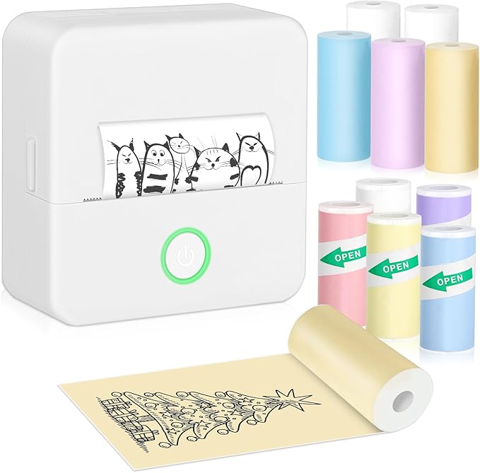 Mini Thermal Printer, Portable Mini Printer with 10 Rolls Paper, Sticker Printer Machine, Study Printer for Notes, Photos, Journals, DIY, Mini Pocket Printer Compatible with Android & iOS