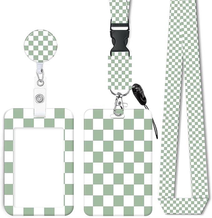 ID Badge Holder with Retractable Lanyard and Keychain, Badge Reel with Rotate Carabiner Clip,Sage Green Checkered Card Name Tag Lanyard ID Protector Bage Clips for Student, Women, Office