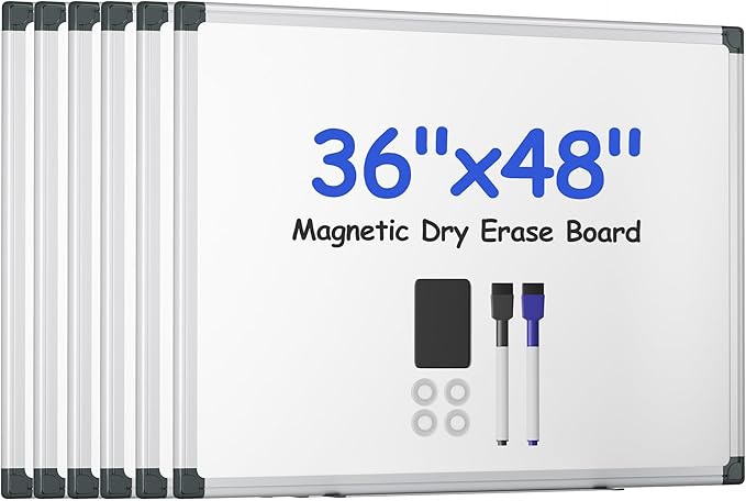 VUSIGN 6PCS Magnetic White Board Hanging 36" x 48" for Office, Class, Home, Sliver Aluminum Frame, 6 Dry-Erase Eraser, 12 Multicolor Marker, 24 Magnetic Pins