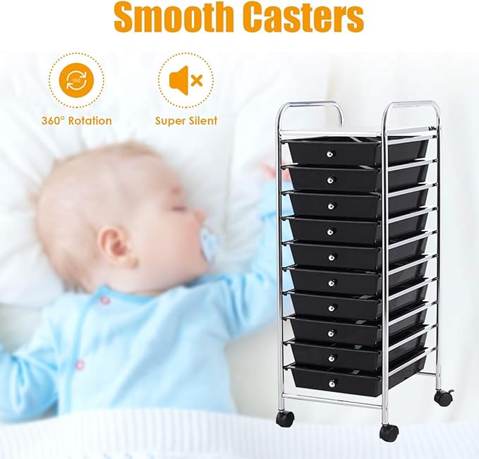 Storage Cart, Rolling Utility Cart with 10 Drawers, Portable Handles & Lockable Wheels, Mobile Paper Toys Storage Organizer Large Capacity for Home Office School Teacher (Black)