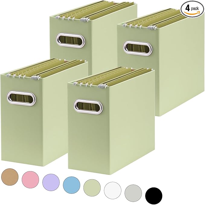 Oterri File Organizer, 4 Packs Small Storage Box, Cardboard File Folder Organizer, Collapsible File Box, Hanging File Organizer for Letter Size, Portable File Box with Handle, Only Box（Green）