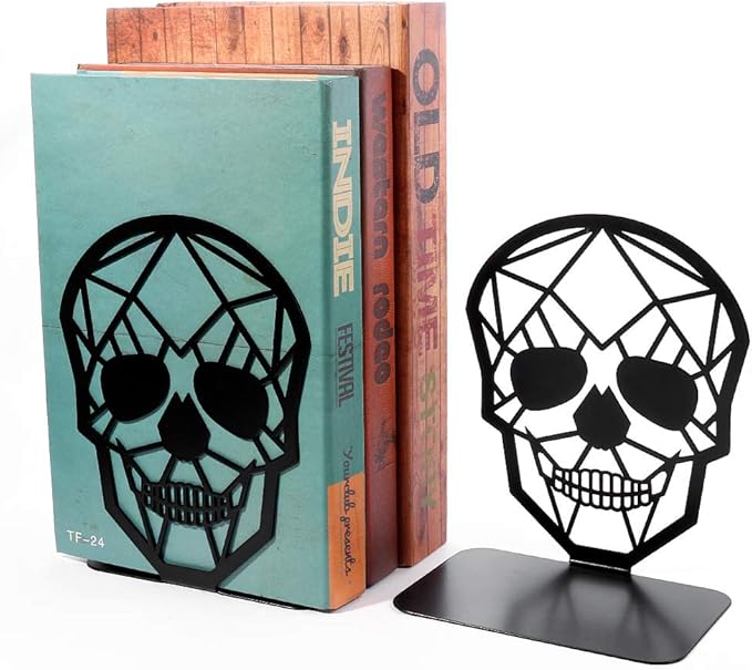 Metal Skull Design Black Bookend - Heavy-Duty Bookends for Shelves, Skull Book Ends for Heavy Books, Book Shelf Holder Home Office Decorative Desktop Organizer (2 Pair)