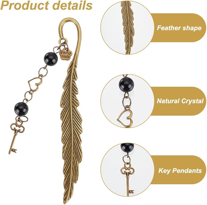 10pcs Feather Bookmarks, Metal Crystal Bookmarks Vintage Gemstone Beading Bookmarks Antique Bronze Key Book Markers for Reading Book Lovers Teacher's Day Delicate Gifts