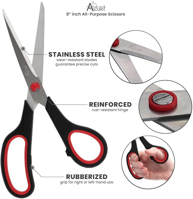 Acurit 8" Multipurpose Comfort Grip Stainless Steel Office Scissors - Right or Left Hand Scissors for Office Use – Rust and Wear-Resistant Blades, Precise Cuts for Mixed Media Crafts