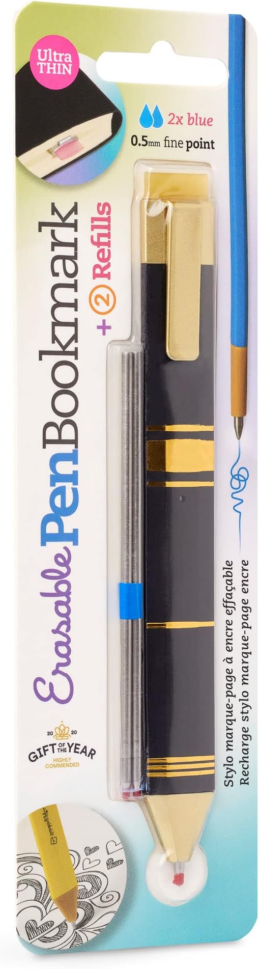 Pen Bookmark with Refills | Erasable Ballpoint Gel Pen and Bookmark 3-in-1 | Ink Novelty Pen with Eraser | Page Marker | Book Marker | Page Holder Clip | Gift for Reader and Writer (Black Gold)