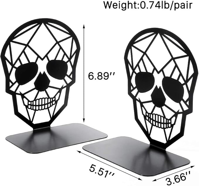 Metal Skull Design Black Bookend - Heavy-Duty Bookends for Shelves, Skull Book Ends for Heavy Books, Book Shelf Holder Home Office Decorative Desktop Organizer (2 Pair)