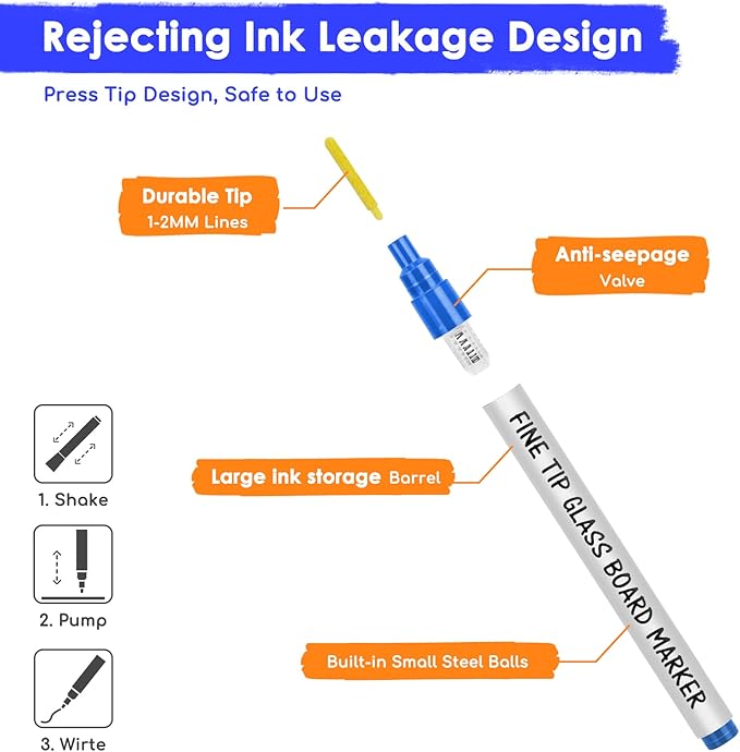 Maxtek Dry Erase Markers Fine Tip, Glass Board Markers for Glass, Window, Acrylic, Planning Board, 1mm Fine Points, 8 Bold Colors