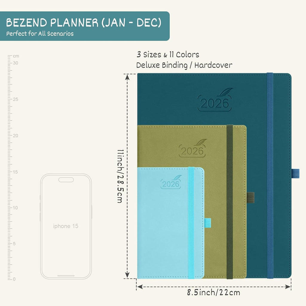 BEZEND 2026 Planner Weekly and Monthly (8.5" x 11") Daily Calendar with Half-Hourly Timeslots & Tab (Jan-Dec) Note & Expenses, Pen Holder, Inner Pocket, Vegan Leather Hardcover - Kiwi