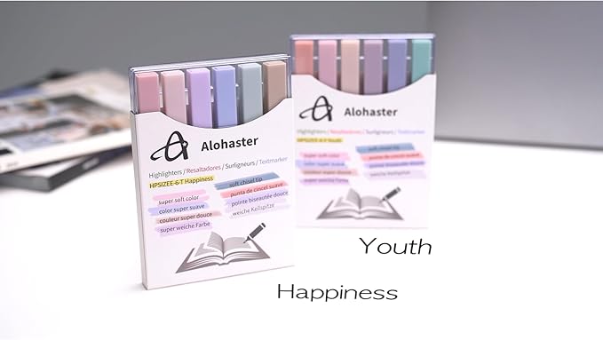 HPSIZEE Aesthetic Cute Highlighters Mild Assorted Colors With Soft Chisel Tip, No Bleed Dry Fast Easy to Hold, for Journal Bible Planner Notes School Office Supplies, 6 Pack - Happiness