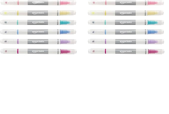 Amazon Basics Erasable Highlighters Assorted Colors, Dual Tip, 12-Pack, Office and School Supplies for Note-Taking