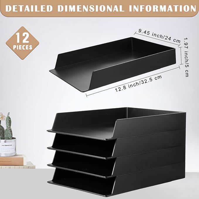 Wenqik 12 Pcs Stackable Paper Trays Rectangular Plastic Desk Tray Holder Desktop Document File Paper Organizer Plastic Storage Letter Tray for Office Classroom, Black