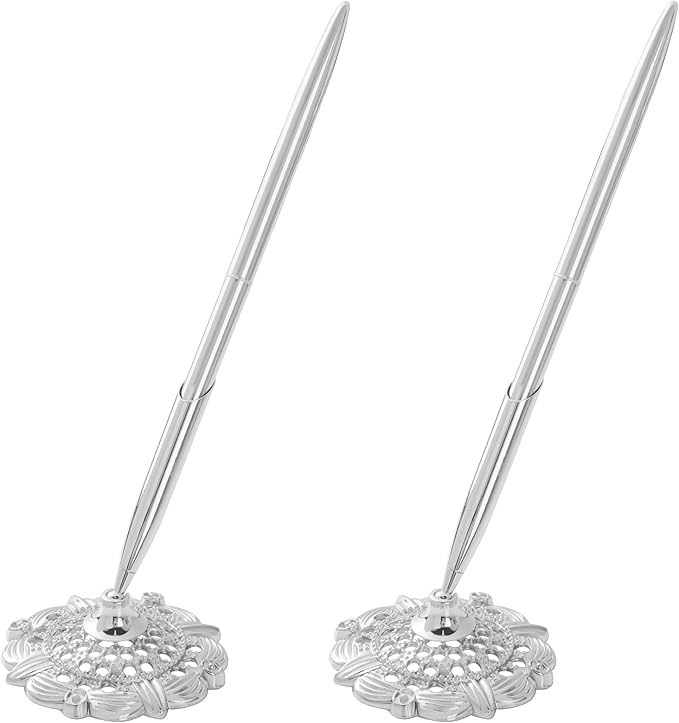 jiebor 2Pcs Silver Wedding Pen and Metal Pen Stand Holder Set Signing Desk Ballpoint Pen for Guest Book Bridal Teacher Wedding Engagement Graduation Business Home Office Gift Supplies Black Ink