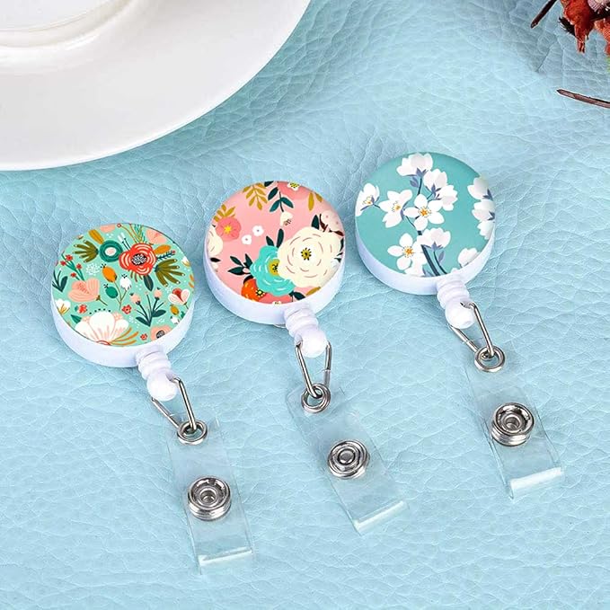 Retractable Badge Reel Clip, Badge Holder with Alligator Clip, Cute Badge Clip on ID Name Card Holders for Nurse Doctor and Office (3Pack Floral Flowers)