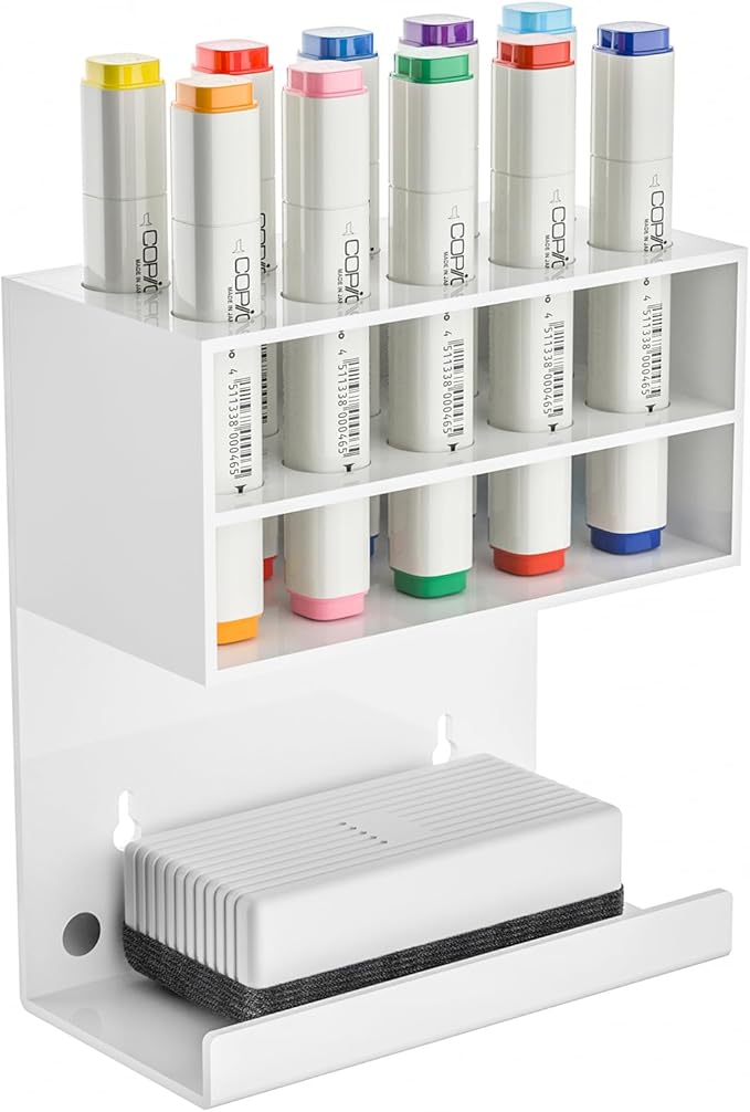 White Magnetic Dry Erase Marker Holder for Whiteboard, Wall Mounted Marker Holder Stand with 10 Marker Slots and Eraser Holder for Office School Home (White, 1)