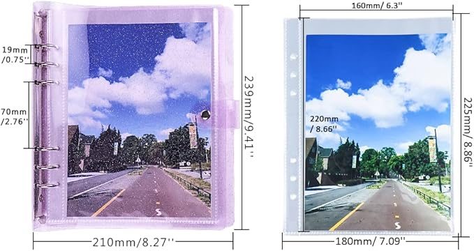Purple Giltter PVC Kpop Photocard Binder Loose Leaf 6-Ring Wide A5 Photocards Holder with 8 Inch 50 Pockets Photo Pages Transparent Card Sleeve Protectors Page for Photos Cards Album Folder Organizers