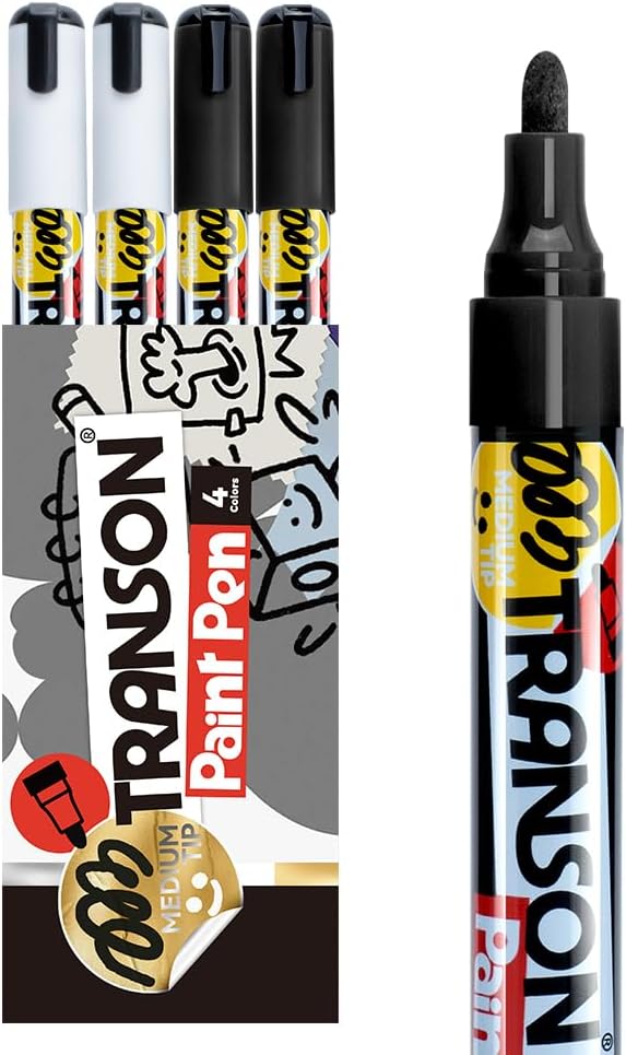 TRANSON 2 Black and 2 White Paint Markers for Fabric Rock Craft Diy Painting Medium Tip Oil Based Waterproof