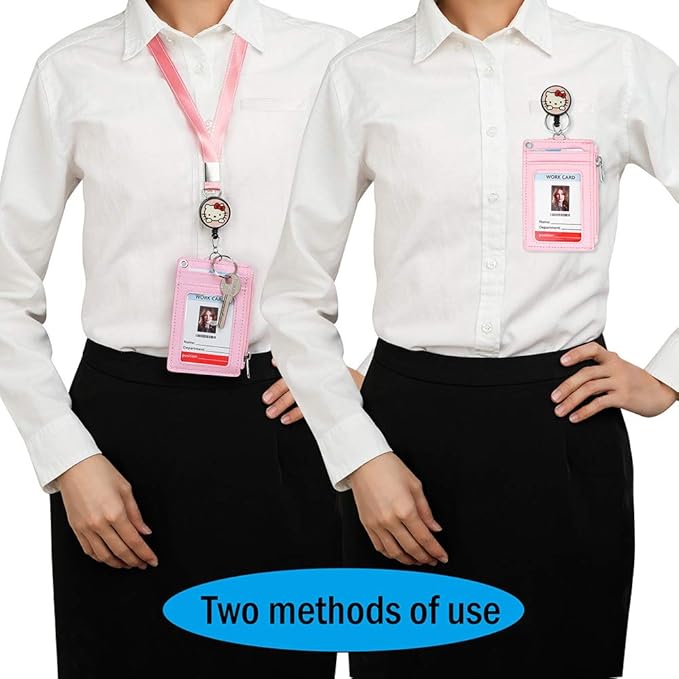 Cute Badge Holder Retractable Lanyard Reel Clip with Heavy Duty Carabiner, 1 Clear ID Window, and 4 Card Slots in 2 Sided for Students Teens Boys Girls Women