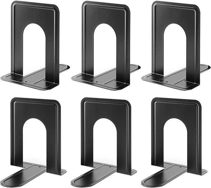 MaxGear Book Ends Universal Premium Bookends for Shelves, Non-Skid Bookend, Heavy Duty Metal Book End, Book Stopper for Books/Movies/CDs/Video Games, 6 x 4.6 x 6 in, Black (3 Pairs/6 Pieces, Large)