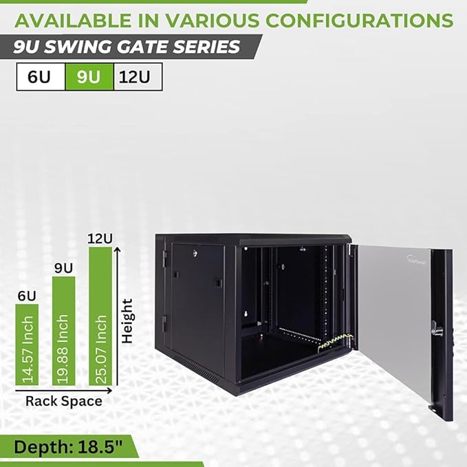 NavePoint 9U Server Cabinet with Hinged Back - 23.6” Deep, 9U Server Rack Enclosure with Locking Glass Door, Wall Mount Rack with Removable Side Panels, 9U Network Cabinet with 2 Fans, Pre-Assembled