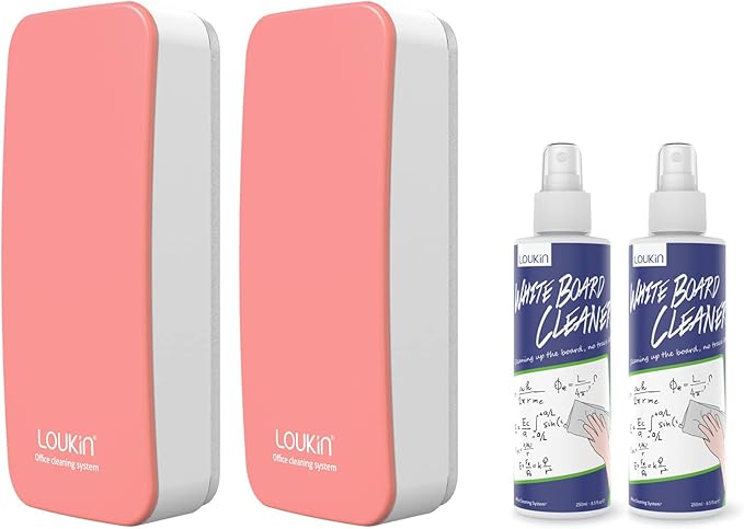 LOUKIN 2 Pack Magnetic Dry Erase Eraser, Whiteboard Eraser, Glass Board Eraser(Pink), 3.4 fl oz Whiteboard Cleaner * 2 Included, for Classroom, Home and Office Use