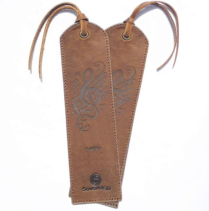Leather Bookmarks for Men and Women | Quality Mens Bookmark with Music Notes | 2 Smooth Handmade Leather Book Markers for Men Women Book Lovers Readers (7x2") Leather Gift | Sovereign-Gear