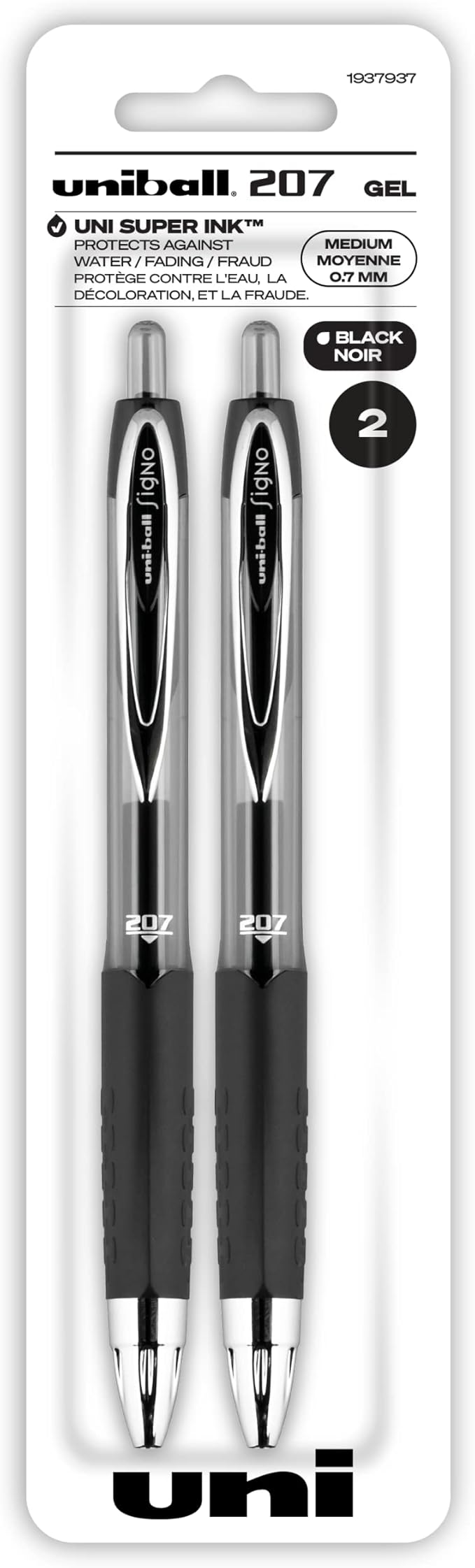 Black Retractable Gel, 2 Pack with Medium Points, Uni-Ball 207 Signo Click Pens are Fraud Proof and the Best Office , Nursing , Business , School , and Bible Pens