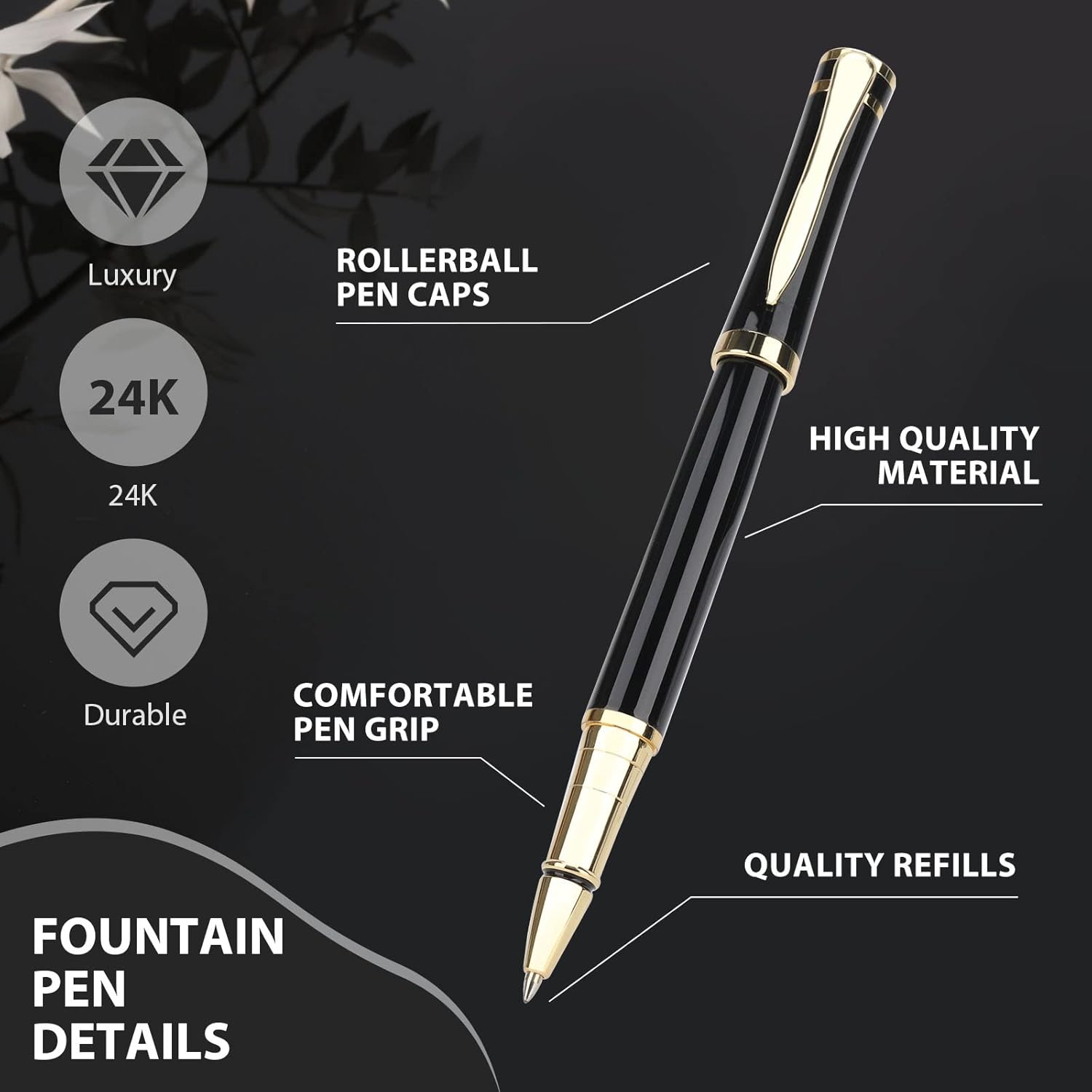 cheericome Luxury Ballpoint Pen - Professional & Executive, Perfect for Silky Smooth Writing, with Gift Box, Nice Pen for Men and Women, 2 Extra 0.5mm Black Refills - Black