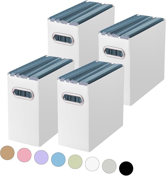 Oterri File Organizer, 4 Packs Small Storage Box, Cardboard File Folder Organizer, Collapsible File Box, Hanging File Organizer for Letter Size, Portable File Box with Handle, Only Box（White）