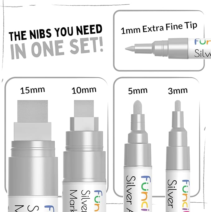 5 Acrylic Silver Paint Pen - Silver Marker Metallic Paint Pens for Fabric, Wood, Canvas, Leaf, Metal, Glass, Plastic - Permanent Pen Fine Tip, Thin Point & Jumbo (1mm, 3mm, 6mm, 10mm, 15mm)