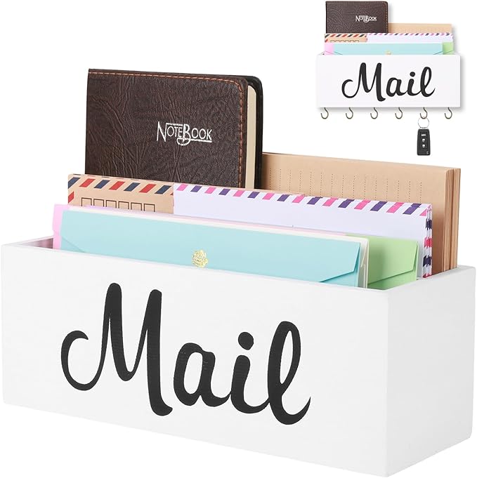 Mail Organizer Countertop, Mail Organizer Wall Mounted With Key Holder, Mail Holder For Wall, Mail Sorter Organizer, Letter Organizer, Mail Basket, Mail Tray, Letter Holder For Desk (White)