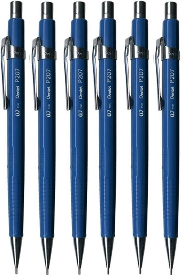 Pentel 0.7mm (P207-C) Blue P200 Series Automatic Mechanical Drafting Pencil Refillable Lead Eraser (Pack Of 6)