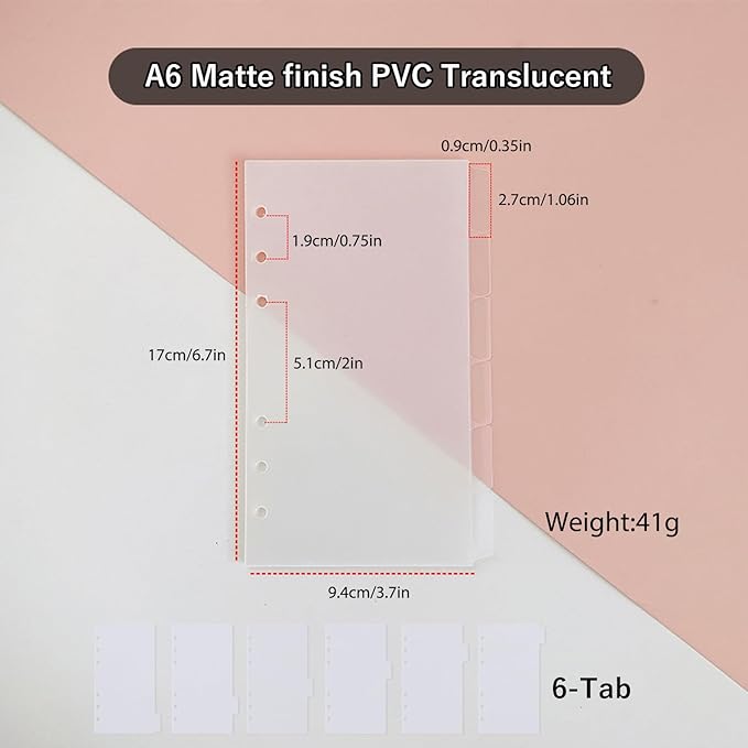 DY.2ten Clear Binder Dividers for 6-Holes Ring Binder, 1/6 Cut Tabs, A6 Size, Sturdy Plastic Dividers with 6 Tabs for School Office Home, 2 Sets, 12 Dividers, 2 Tab Stickers.