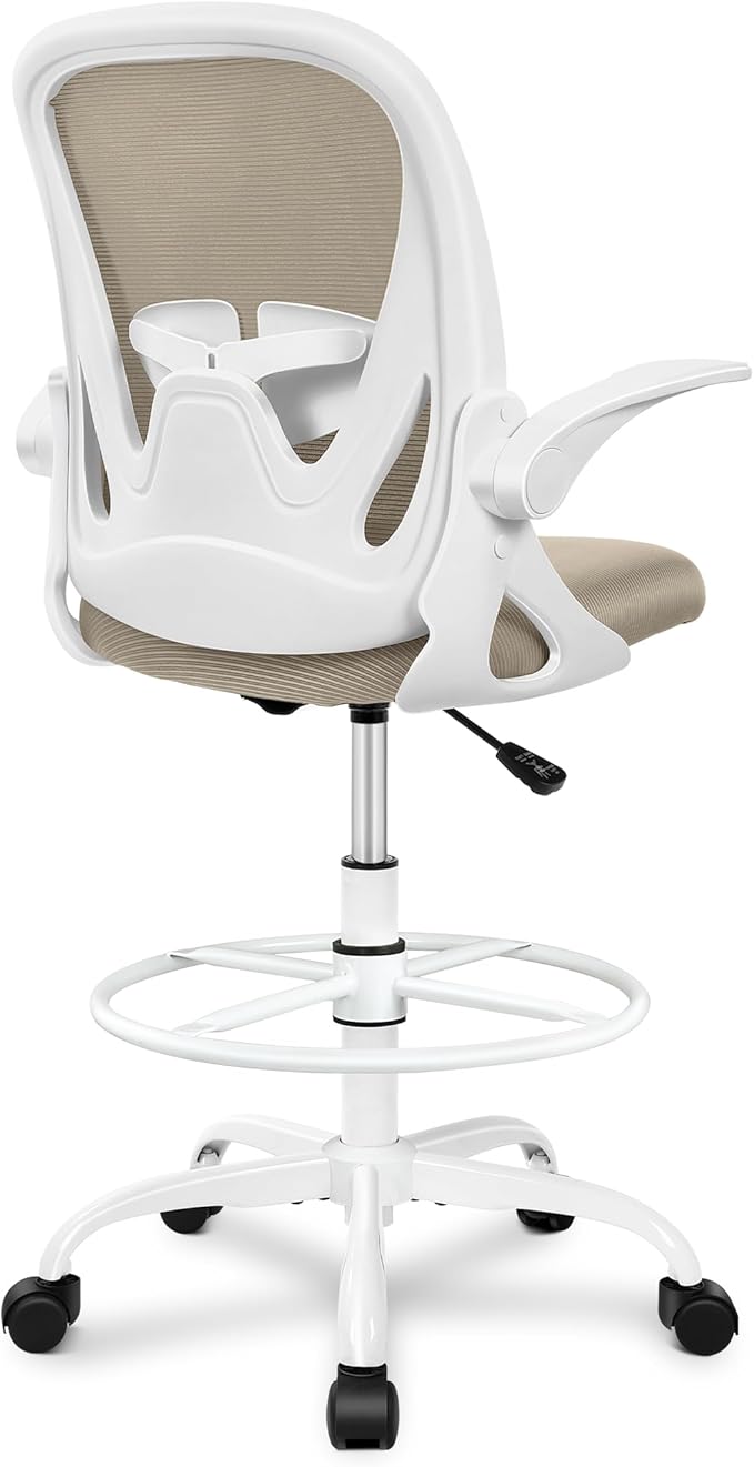 Primy Drafting Chair Tall Office Chair with Flip-up Armrests Executive Ergonomic Computer Standing Desk Chair with Lumbar Support and Adjustable Footrest Ring（Khaki）