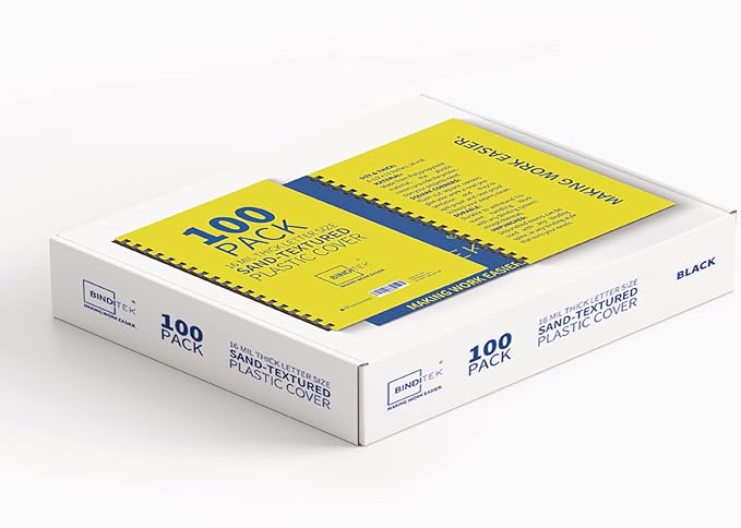 Binditek 100 Pack 16 Mil Sand-Textured Polycover - Plastic Binding Cover for Letter Size - Business Reports and Proposals - Lightly Textured Sand Finish - Square Corners, Un-Punched, Black