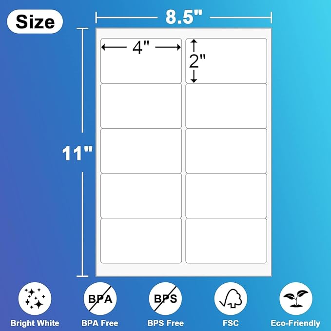 10up Shipping Address Labels 2" X 4" Label, Matte Stickers Paper Compatible with Laser & Ink Jet Printers, 1000 Sheets-10000 Labels (5163/8163 /18163)