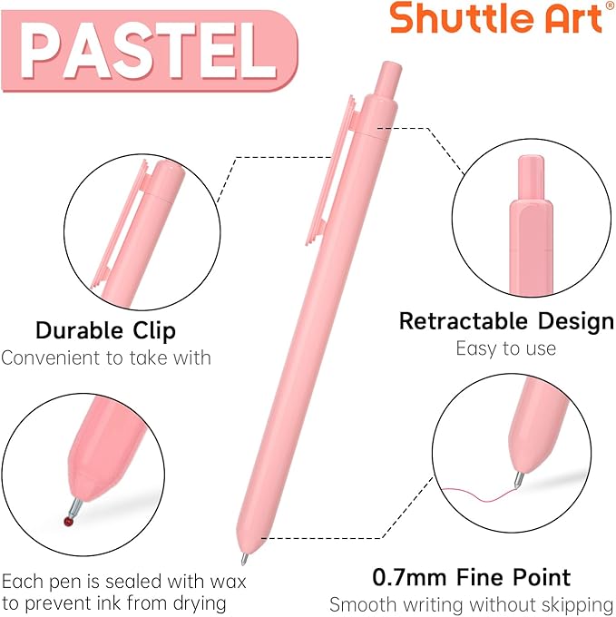 Shuttle Art Colored Retractable Gel Pens, 10 Pastel Ink Colors, Cute Pens 0.7mm Fine Point Quick Drying for Black Paper Writing Drawing Journaling Note Taking School Office Home