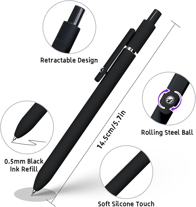 UIXJODO 6 Pcs Gel Pens 0.5mm Quick Dry Black Ink Pens Fine Point Smooth Writing Pens, Cute Office and School Supplies Gifts for Women Teacher Students (6 Pcs Black White Grey Silver)