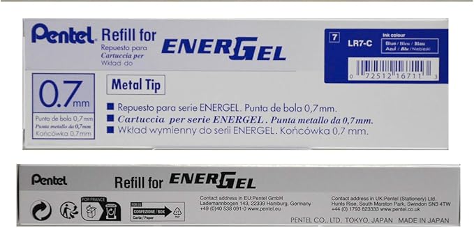 Pentel Refill Ink for BL57/BL77 EnerGel Liquid Gel Pen, 0.7mm, Metal Tip, Blue Ink, Box of 12 (LR7-C-12)