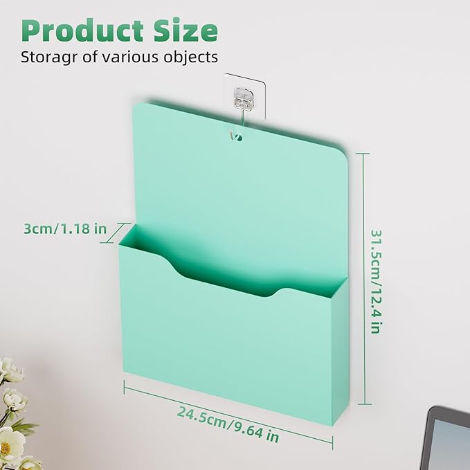 2 Pack Magnetic File Holder - Paper Holder, Pocket Organizer,Hanging Wall File Organizer Office Supplies Storage, Magazine Mail Organizer Case for Notebooks,Planners,Letter (Green)