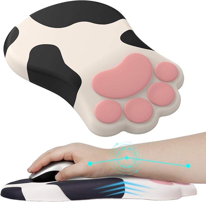 Ergonomic Mouse Pad with Wrist Rest,Cute Cat Paw Mousepad Wrist Support,Comfortable Massage Design Computer Pain Relief Mouse Pad with Non-Slip PU Base for Desk Laptop Gaming,Cow